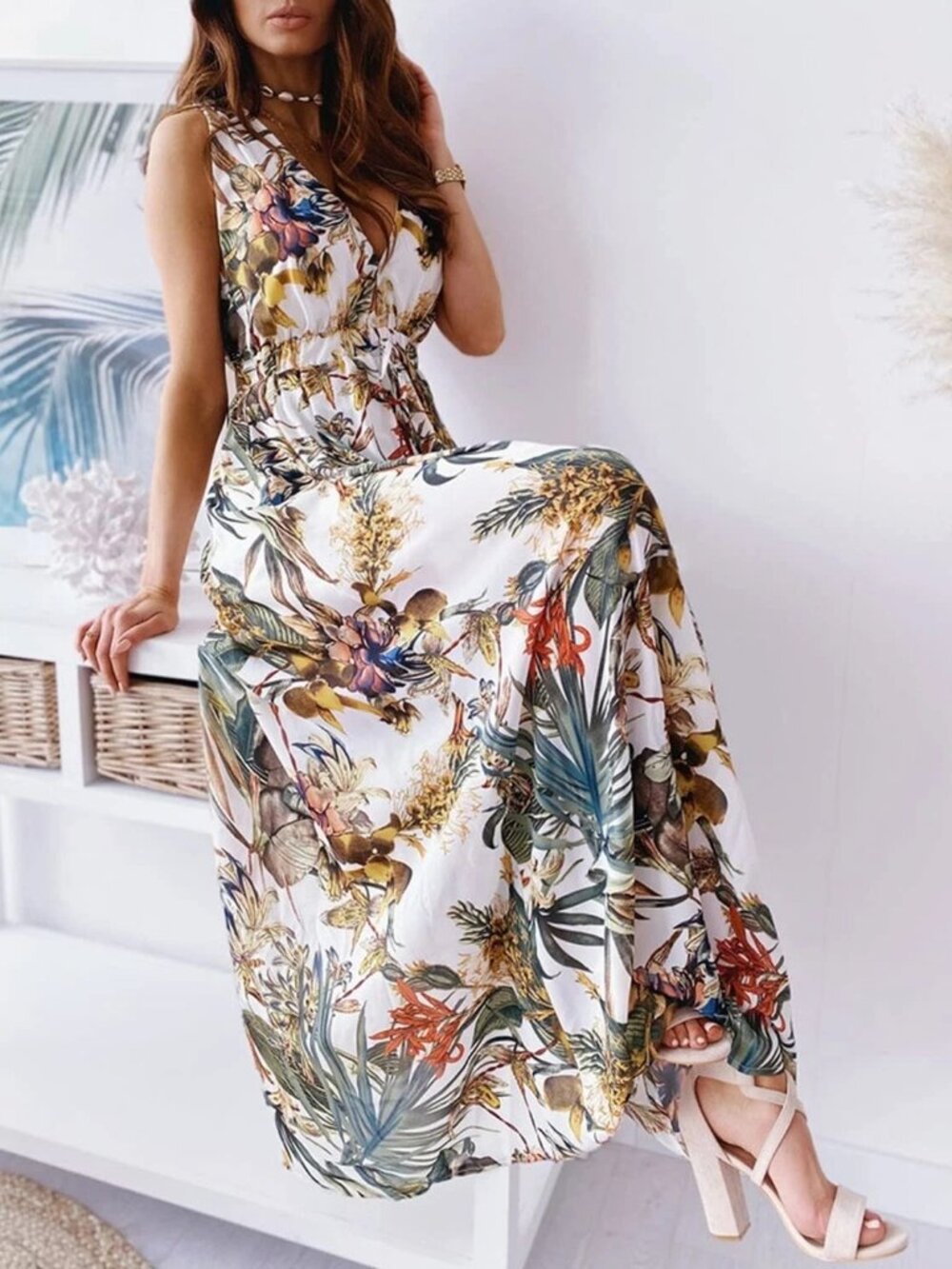 Women's Sleeveless V Neck Boho Floral Maxi Dress Summer Beach Backless Sundress